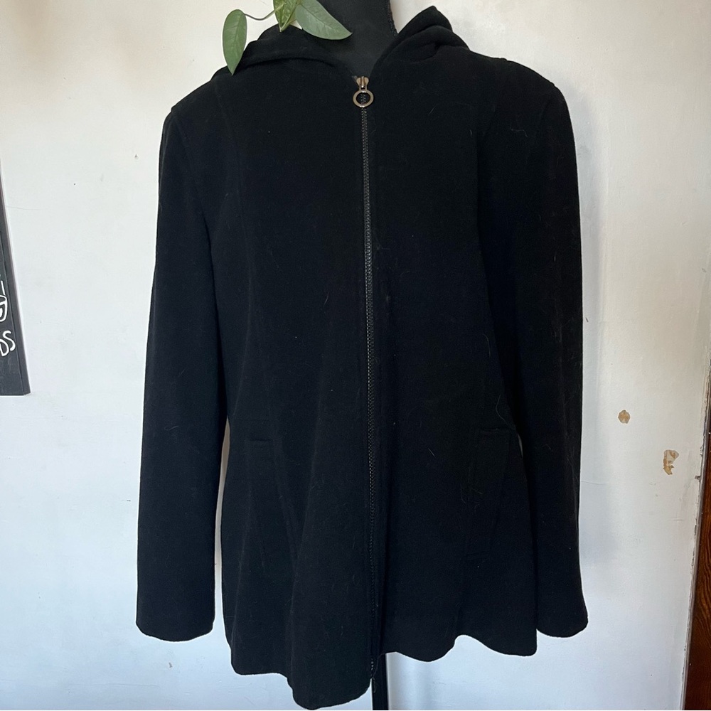 Anne Klein Classic Black Hooded Full Zip Pea Coat